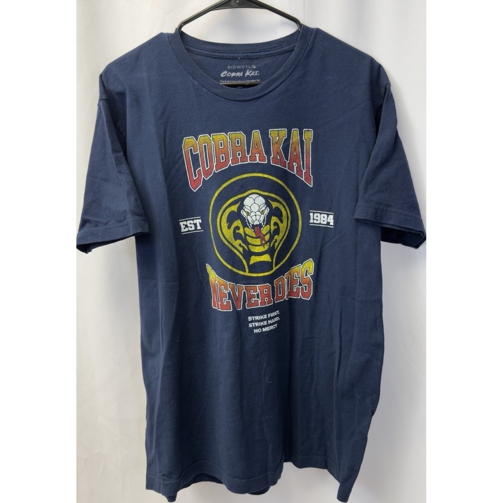 Cobra Kai Shirt Strike First Strike Hard Navy-Blue Karate Tee Men's LARGE